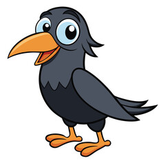 Smiling cartoon crow with orange beak and feet stands cheerfully on white surface