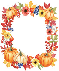 Watercolor Autumn Wreath with Pumpkins, Flowers, and Berries