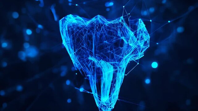 A digital dental technology design featuring a tooth wireframe with a medical icon on a dark blue background. It represents innovative root canal treatments, symbolizing dental clinics and hospitals 