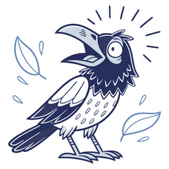 Animated dark raven squawks loudly with its mouth wide open amid falling leaves around it