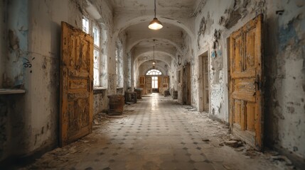 Fototapeta premium Distressed hallway shows abandoned interior with aged doors and peeling paint
