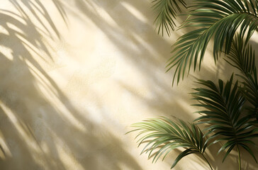 Abstract background of beige color with sun rays and shadows from palm leaves on the wall, 3D rendering