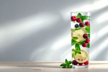 Fototapeta premium Refreshing citrus and berry infused herbal water in a tall glass