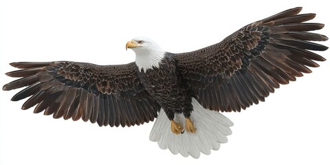 Obraz premium Majestic Bald Eagle in Flight with Widespread Wings Against White Background