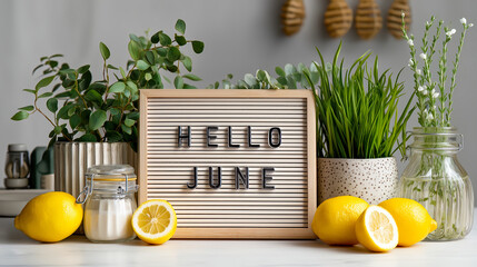 Letter board with Hello June greeting surrounded by lemons and houseplants on bright kitchen shelf, ideal for seasonal lifestyle content and summer decor