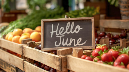 Rustic wooden crate of fresh summer fruits with handwritten Hello June sign at farmers market, perfect for seasonal promotions and summer advertising