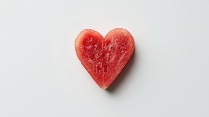 Fototapeta premium A heart-shaped piece of watermelon rests on a plain white surface, evoking summer vibes and a sense of joy.