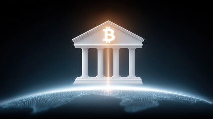 Bitcoin, blockchain and decentralization. Digital currency. A digital hologram of a futuristic bank connected to a glowing Bitcoin symbol by a beam of light.