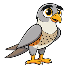 Cartoon falcon mascot with grey feathers and brown speckled chest curiously stands looking forward