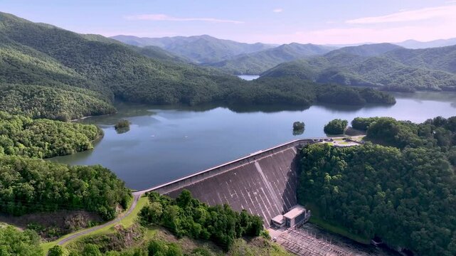 aerial high orbit over fontana dam