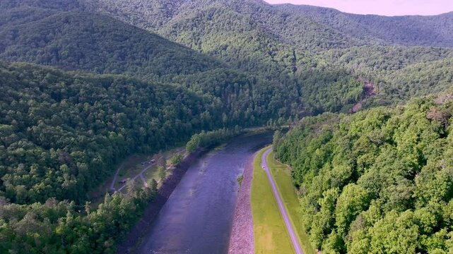 river flowing from the fontana dam spillway from fontana lake