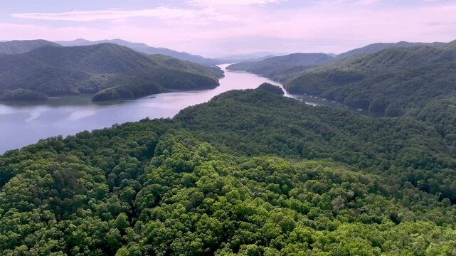 fontana lake aerial pan, beautiful lake in the mountains of nc, fontana dam