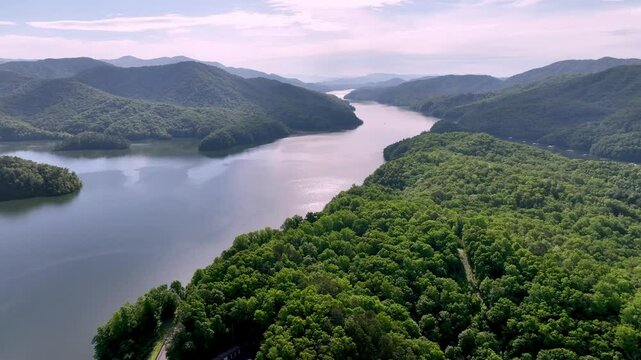 aerial push in the beautiful fontana lake and fontana dam in north carolina