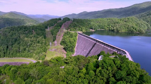 aerial push in to fontana dam, hydroelectric dam, tallest dam in eastern united states