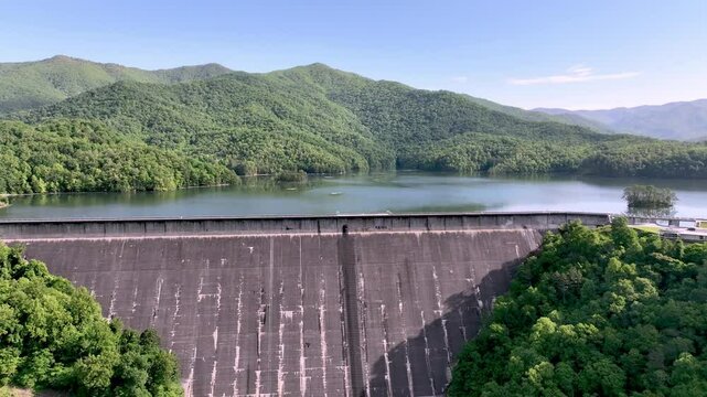 aerial pullout over fontana dam, tallest dam in eastern united states