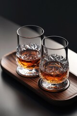 Two crystal whisky tumblers, filled with amber liquid, sit on a wooden tray