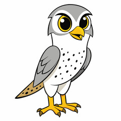 A cartoon hawk with big eyes looks forward while standing alertly on the ground