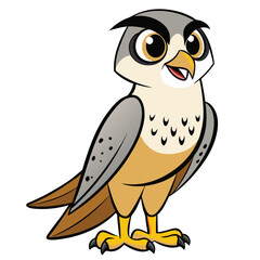 Animated cartoon owl with gray and tan feathers is standing on a white background