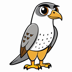 Cartoon falcon with gray and white feathers is attentively standing upright facing right