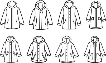 set of raincoat line art, black outline, vector and illustration, coloring book page line art drawing