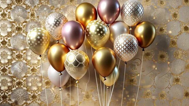 Elegant Gold, Rose Gold, and White Balloons on a Decorative Background