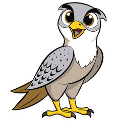Charming cartoon falcon with yellow feet is posing in front of white background