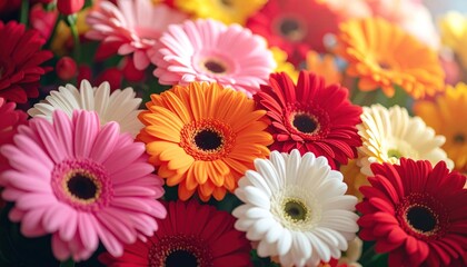 A vibrant bunch of colorful gerbera daisies with dark centers fill the frame in a bright, cheerful display
