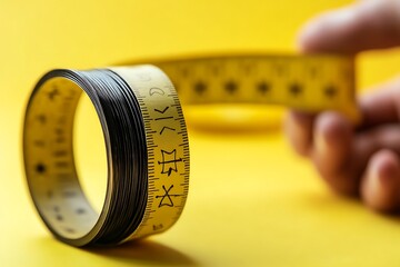 A hand is unrolling a yellow measuring tape on a bright yellow surface, creating a sense of precision