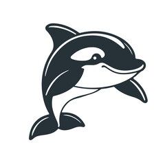 Cute dolphin cartoon, ocean animal illustration, sea life vector, happy marine mammal, black white drawing