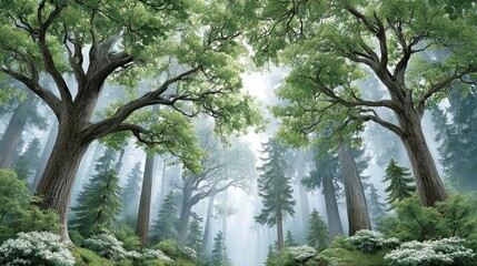 Fototapeta premium Sunlight filters through leaves in a lush forest with towe trees and fog.