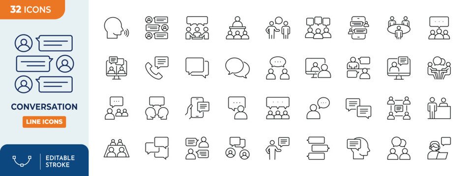 Conversation icon set. Contain icons related conversation, chat, discussion, talking, speaking, and more. Outline Icon Collection. Editable stroke. Vector illustration	