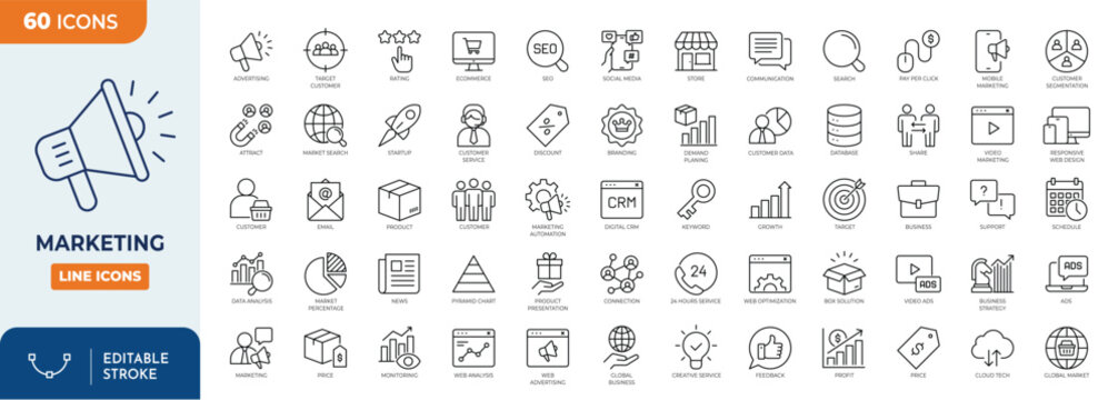 Marketing icon set. Containing campaign, market research, strategy, target audience, branding, advertising, promotion, and more. Outline Icon Collection. Editable stroke. Vector illustration	