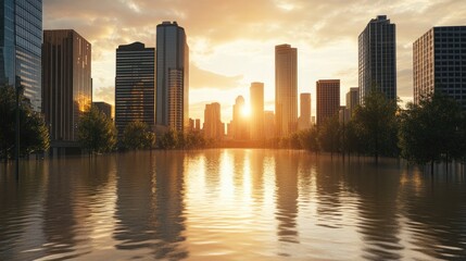 Fototapeta premium Sun sets over flooded cityscape, skyscrapers partially submerged in water