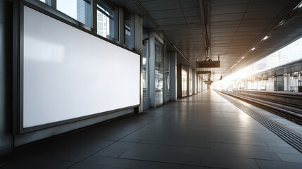 Obraz premium blank white billboard on the platform of a modern train station