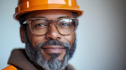 Construction worker with glasses and helmet, smiling warmly for a portrait shot