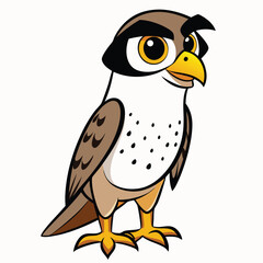 Cartoon falcon with large eyes and yellow beak stands attentively, outlined in black