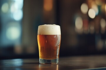 Glass of beer with foam on wooden bar counter in a pub  