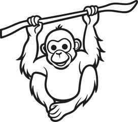 orangutan hanging on a branch line art, black outline, vector and illustration, coloring book page line art drawing © 69creativedesigner