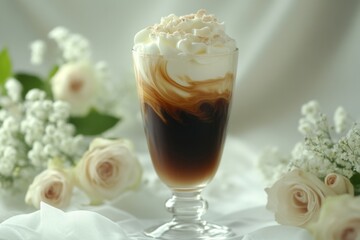 Iced coffee drink topped with whipped cream and flowers in background  
