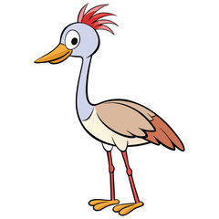 Colorful cartoon bird with red feathers stands tall on its thin red legs