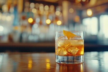 Glass of whiskey with ice cubes on bar counter in a cozy setting  