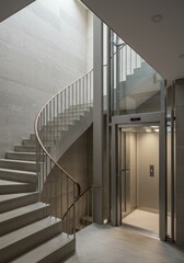 Photo of a Modern Spiral Staircase with an Elevator in a Concrete Building
