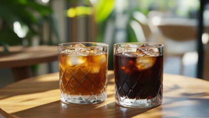 Two glasses of cold coffee drinks on wooden table in coffee shop  