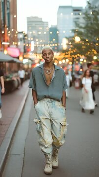 Confident Transman Walking Through a Busy City Street