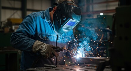 Photo of a Skilled Welder in Blue Overalls Amidst Sparks and Industrial Equipment