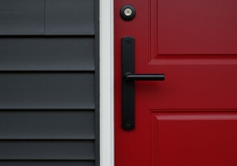 Photo of a Red Door with Black Handle and Grey Wall Detail Close Up