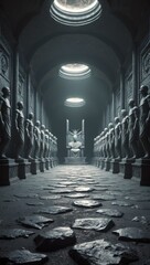 serene ancient temple interior with statues and diffused lighting creating a mystical ambiance