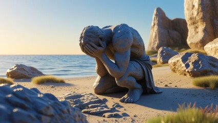 Serene coastal sculpture depicting contemplation and solitude amidst rocky shoreline