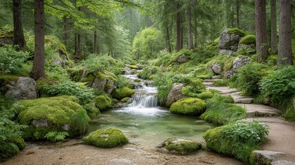 A tranquil forest stream flows through mossy rocks and lush green scenery.