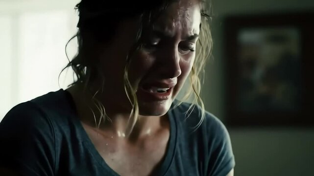 A distraught woman in a dimly lit room cries intensely, her face contorted in anguish, sweat glistening on her skin, conveying deep emotional pain